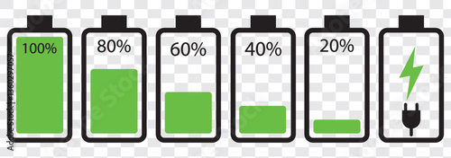 Battery icon set. High quality colorful style vector icons. Green 100% 75%, orange 50%, red 25% 0, batteries. Batery charge indicator. Baterry level, energy, full. Power low up status batteries logo.