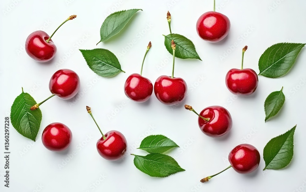 Ripe red cherries with green leaves arranged on white background Ripe red cherries with green leaves arranged on white background