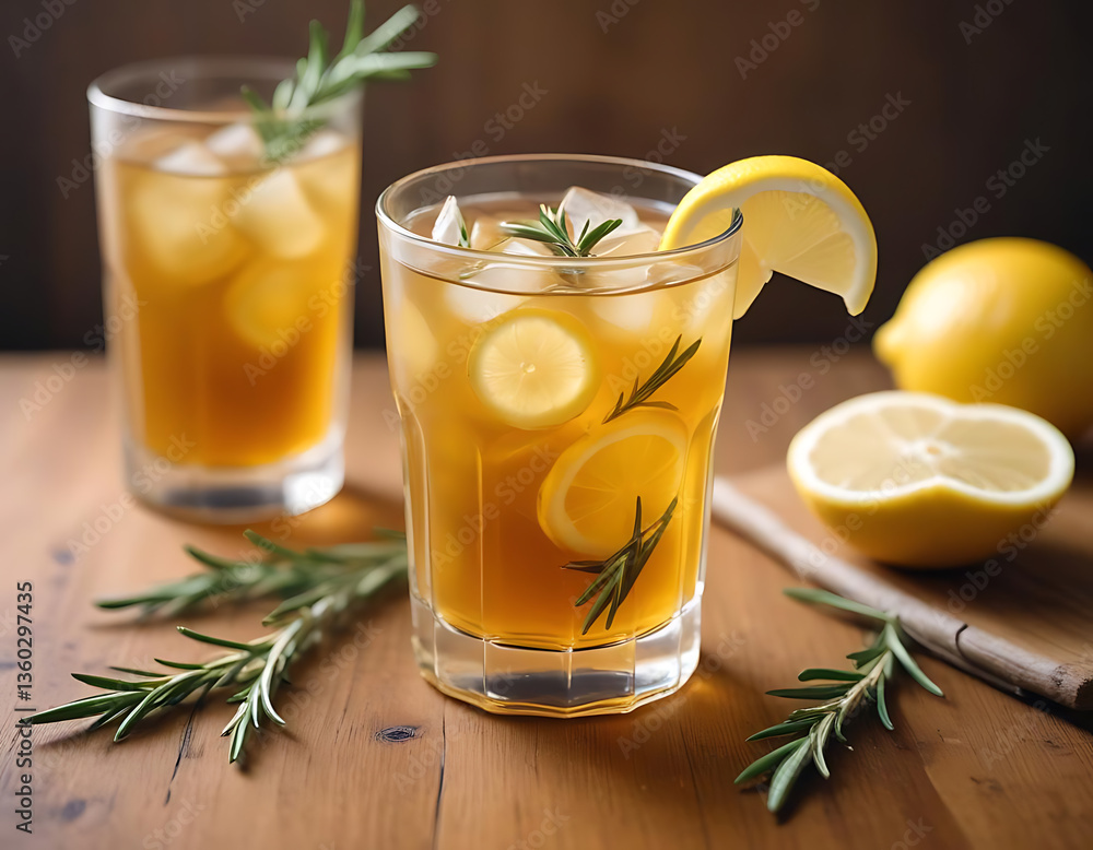 Fototapeta premium Refreshing ginger iced tea with lemon and rosemary on wooden table.