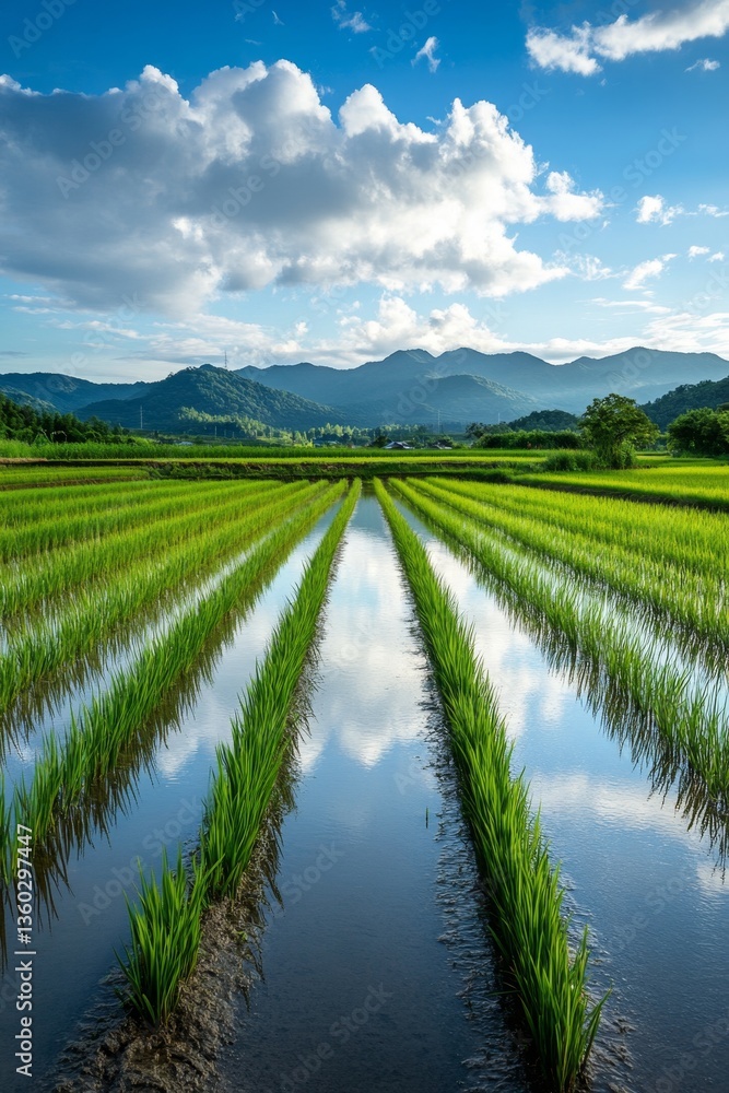 Naklejka premium Rice Paddies Reflecting Sky and Mountains