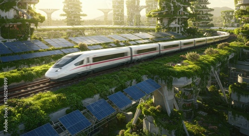 Futuristic high-speed train in eco-friendly city with solar panels and vertical gardens