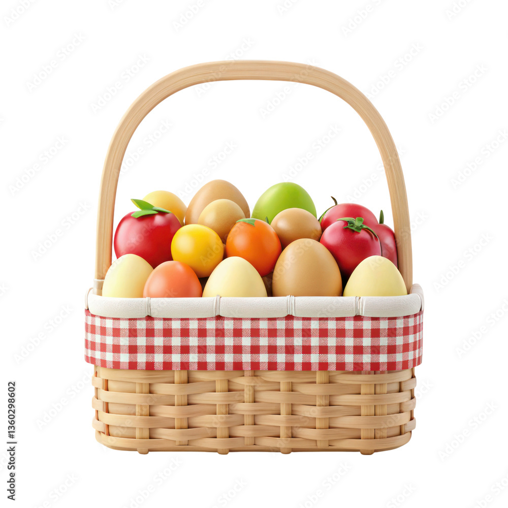 delightful 3D basket filled with fresh summer fruits and colorful easter eggs creates cheerful scene delightful 3D basket filled with fresh summer fruits and colorful easter eggs creates cheerful scene