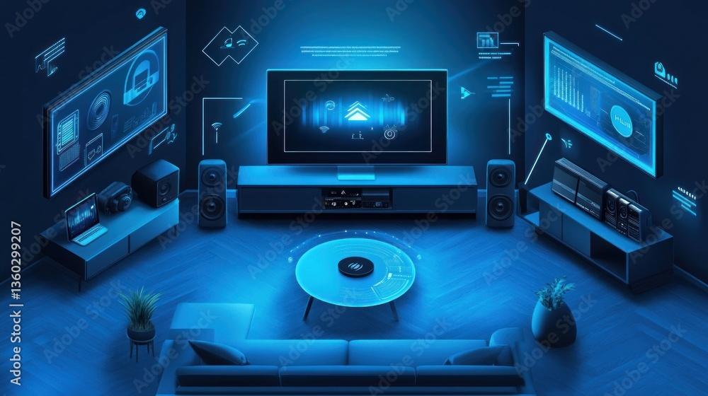 Fototapeta premium Smart home entertainment system with futuristic displays and audio.