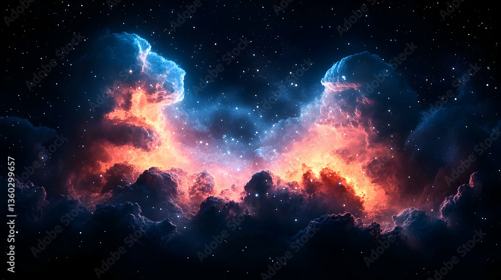 Fototapeta premium Vibrant cosmic nebula illuminated by fiery orange and blue hues, set against a starry backdrop