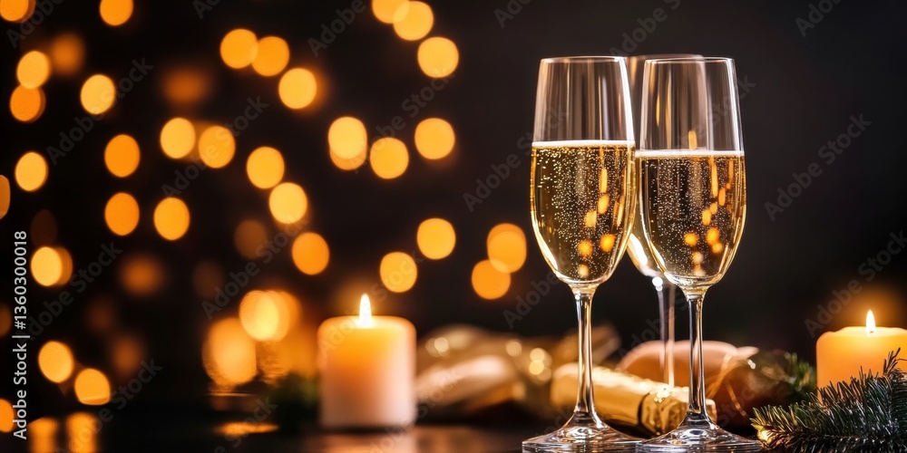 The festive table with champagne and candles is an elegant warm background with sparkling glasses, candles and soft highlights of light, creating a feeling of comfort and celebration. The festive table with champagne and candles is an elegant warm background with sparkling glasses, candles and soft highlights of light, creating a feeling of comfort and celebration.
