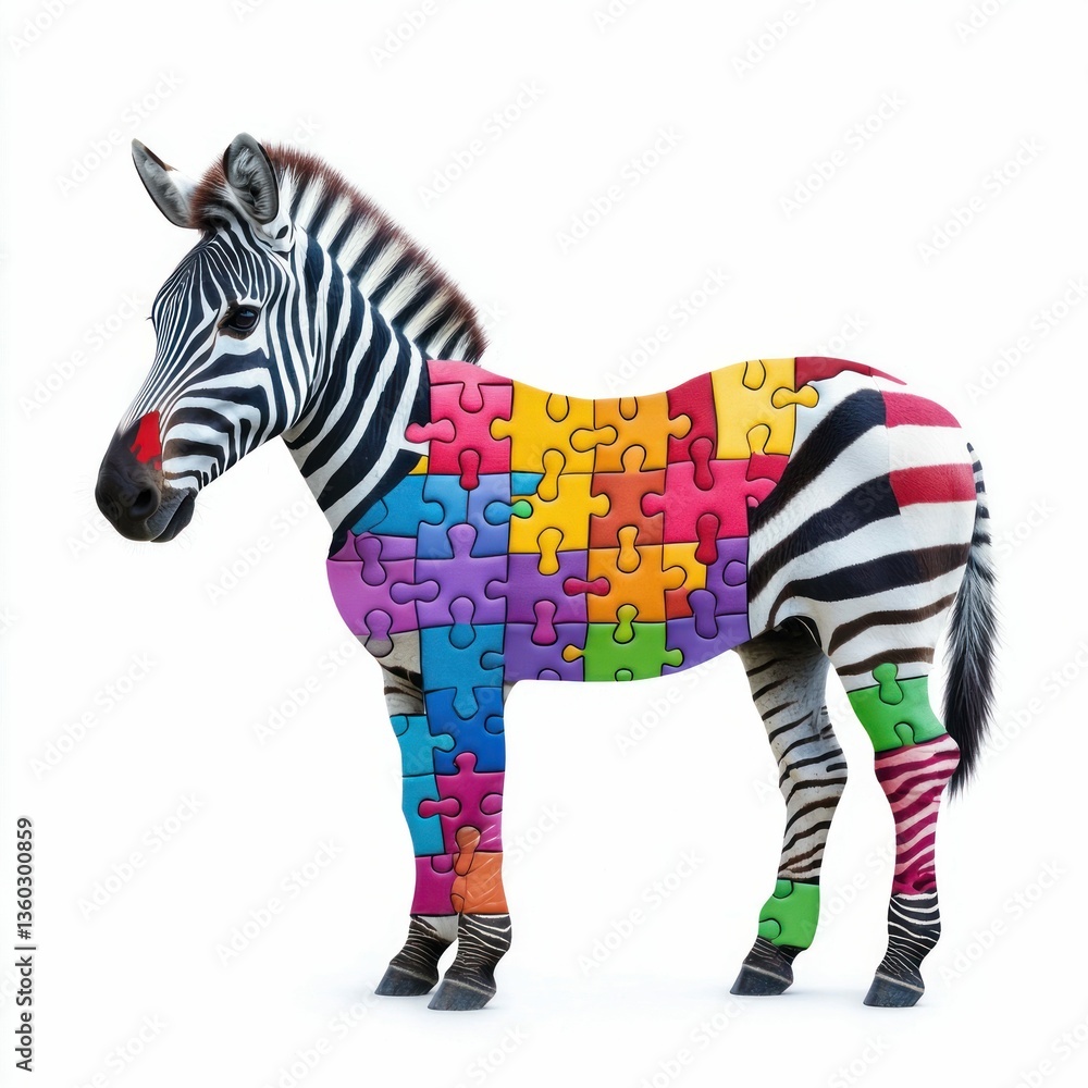 Naklejka premium A whimsical zebra illustration features a colorful puzzle piece design on its body, isolated on white.