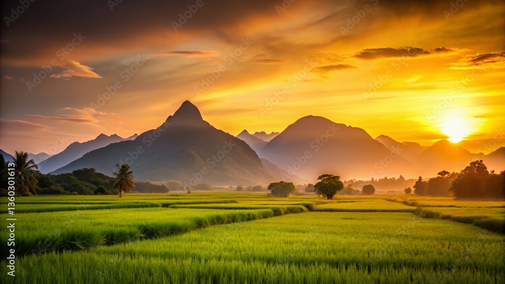 Naklejka premium Serene Silhouette of Rice Paddies and Majestic Mountains at Sunset