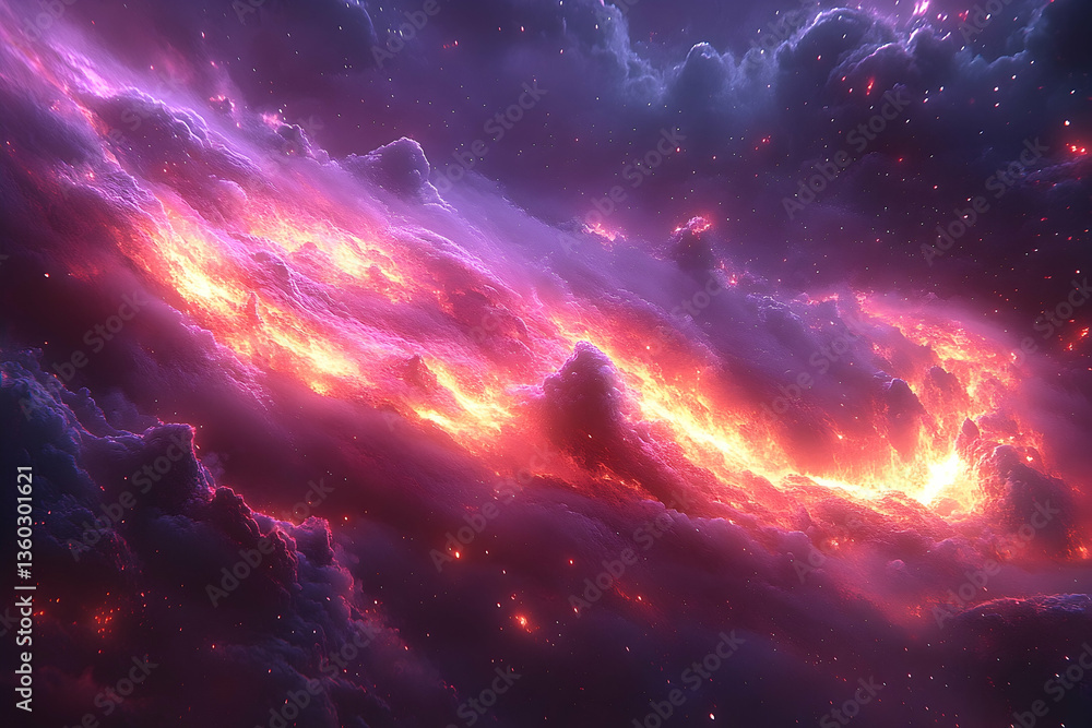 Vibrant cosmic nebula with swirling clouds and fiery colors in a starry background