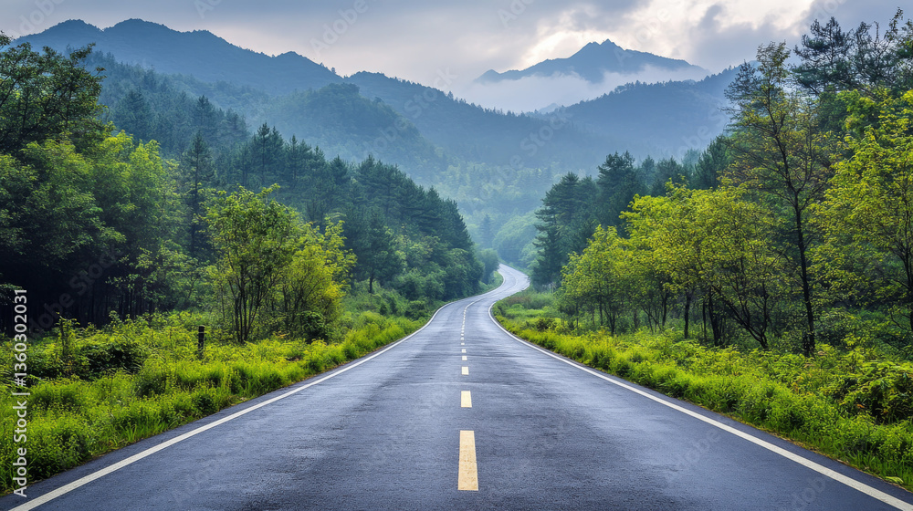 Naklejka premium A scenic nature landscape of an asphalt road leading through a green forest and mountain region in Hangzhou, China