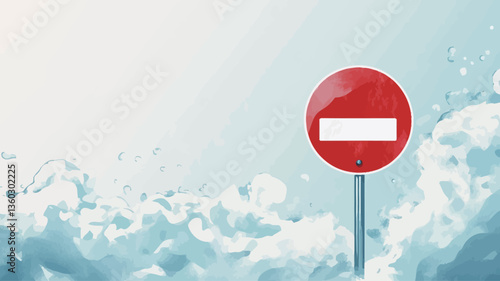 The image shows a red circular no entry sign with a white horizontal bar across the center. The sign is mounted on a gray metal post. The background is a stylized representation of a snowy or icy