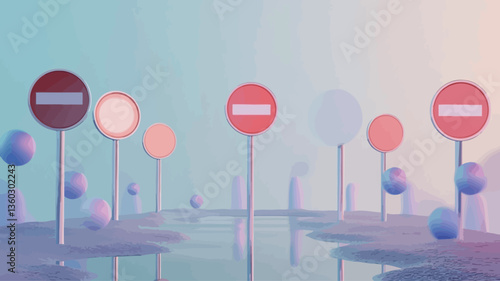 The image is a 3D render depicting a surreal landscape with multiple no entry signs of varying sizes and shades of red and pink.  The signs are placed on thin poles, positioned amongst abstract,