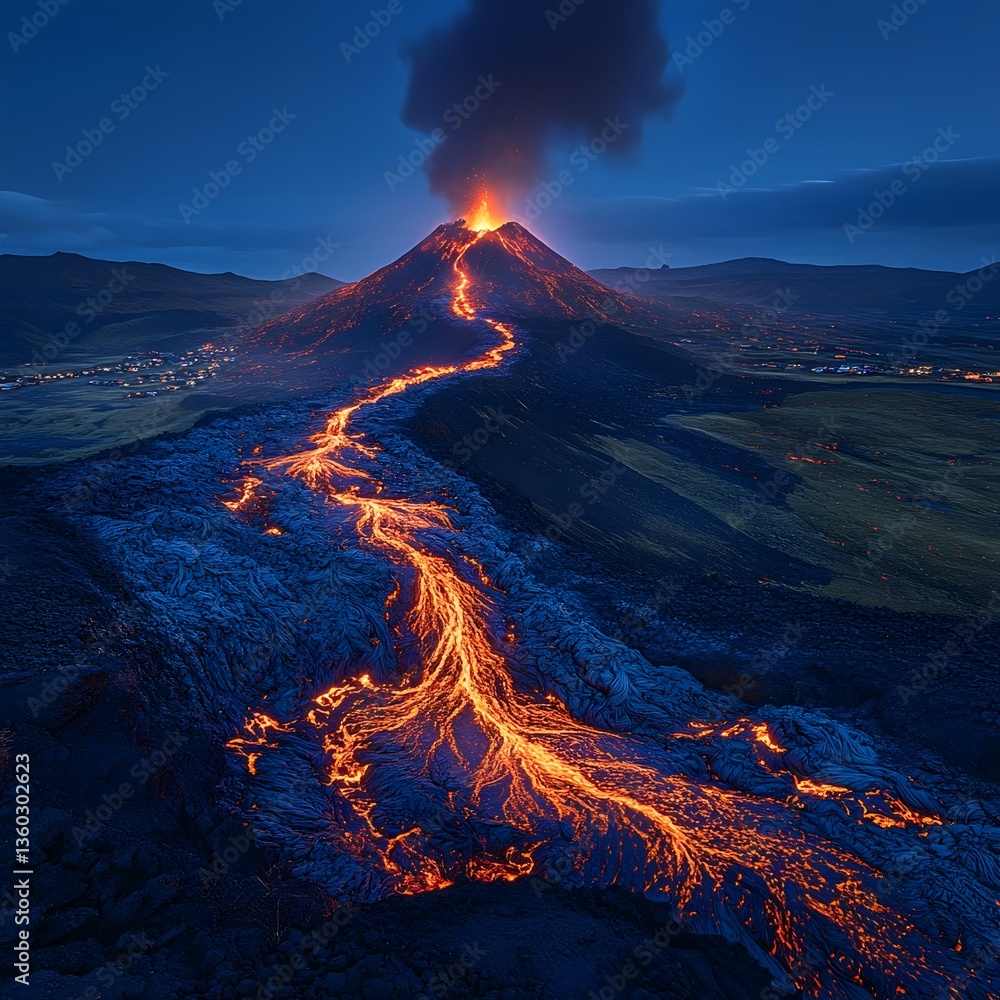 Fototapeta premium Dramatic volcanic eruption at night