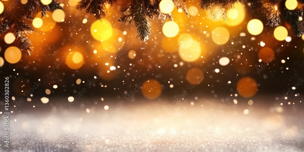 Naklejka premium Soft snowfall with blurred winter lights flakes of snow falling slowly against the background of the warm glow of the garlands, creating the effect of a winter fairy tale. 
