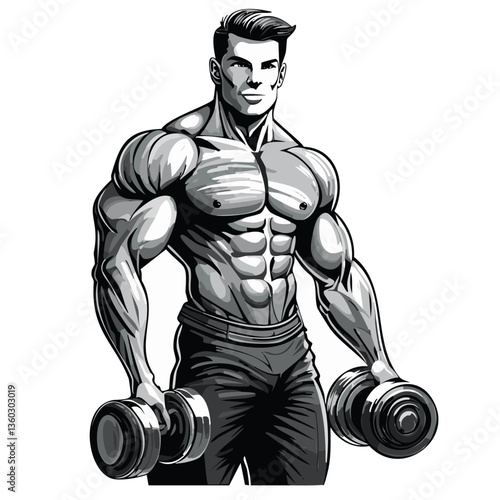 Muscular bodybuilder poses confidently holding dumbbells, showing off strength, fitness and detailed muscle definition.