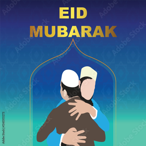 Eid Mubarak background with Islamic Muslim people and mosque vector illustration