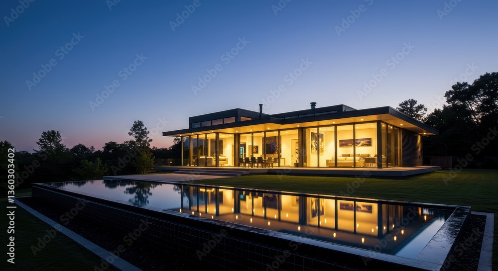 Fototapeta premium A sleek modern home with large glass windows reflecting the calm twilight sky