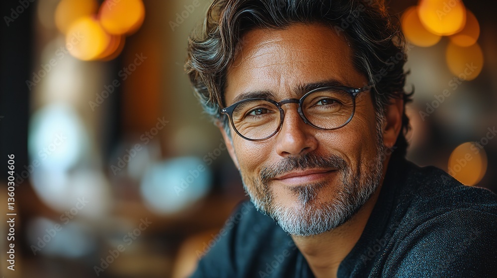 Close up portrait of a smiling man with grey hair and beard wearing glasses in a blurred background Close up portrait of a smiling man with grey hair and beard wearing glasses in a blurred background