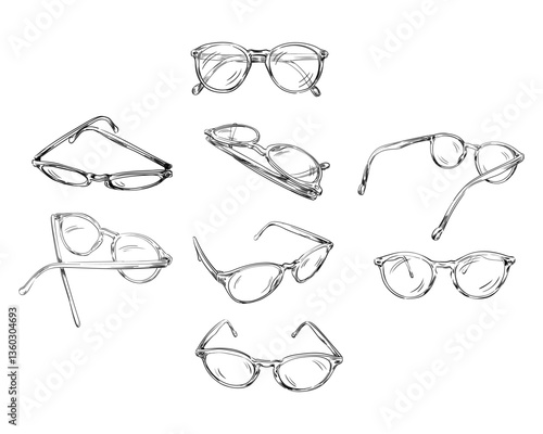 The set of eight vector ink sketches of glasses in different views