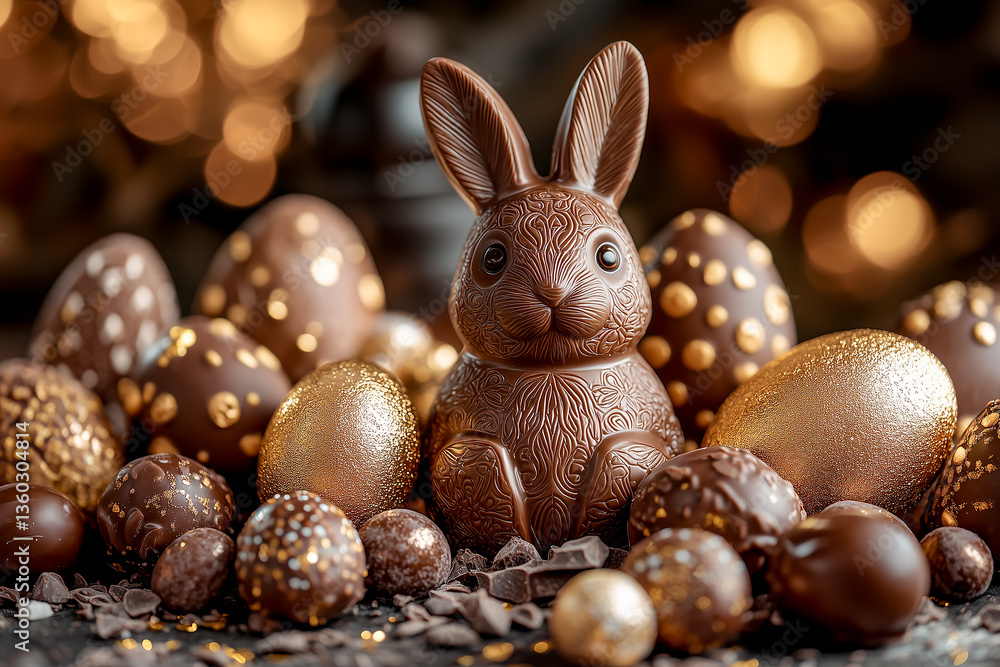 Luxurious arrangement of chocolate Easter eggs and bunnies.