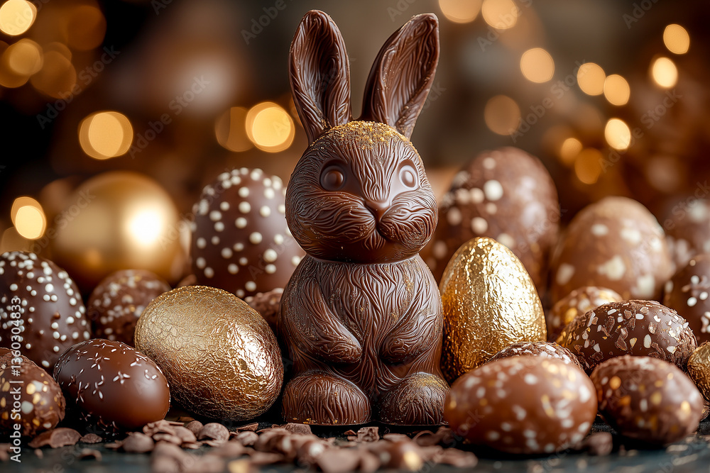 Luxurious arrangement of chocolate Easter eggs and bunnies.