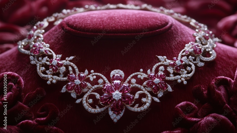 Obraz premium A luxurious ruby and diamond necklace, intricately detailed and set on a plush maroon velvet display