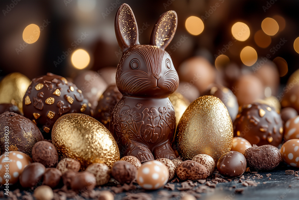 Luxurious arrangement of chocolate Easter eggs and bunnies.