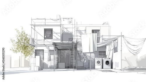 A grayscale illustration depicting a residential building under construction.  The sketch features a building with scaffolding, indicating ongoing renovations or construction.  The style is