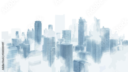 The image depicts an abstract representation of a city skyline.  The buildings are rendered in shades of blue and white, with a soft, blurred focus creating a hazy, dreamy effect.  The perspective