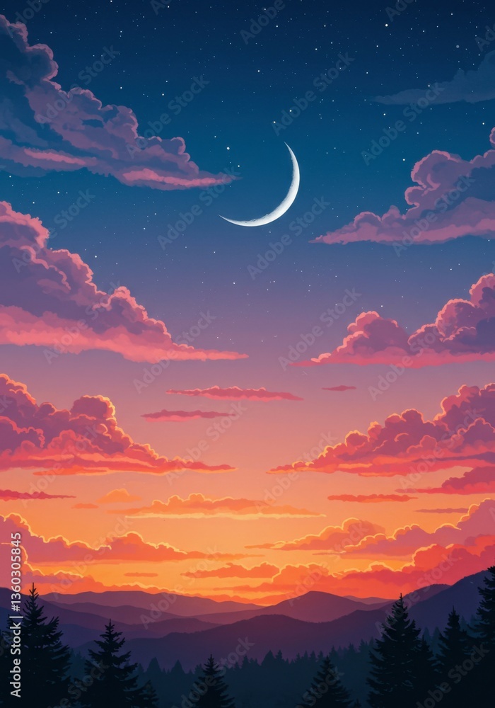 Naklejka premium Celestial painting of a fiery sunset blending into night, with a soft crescent moon shining above.