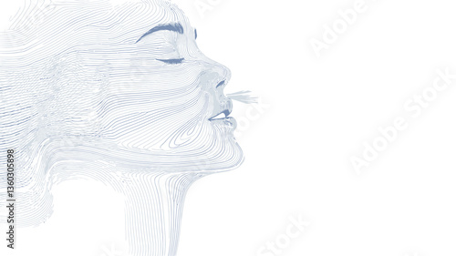 Close-up profile view of a stylized female face, rendered in shades of light blue and white against a pure white background.  The woman's eyes are closed, and a wisp of smoke or vapor is emanating