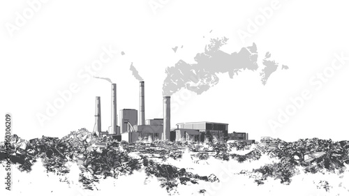 A grayscale image depicting an industrial landscape. The focus is on several tall smoke stacks emitting smoke or steam, indicating industrial activity.  The buildings of the industrial complex are