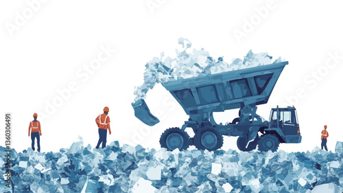 The image shows a miniature dump truck filled with white and light blue waste material.  Three miniature figures, resembling construction workers in orange safety vests, are positioned near the