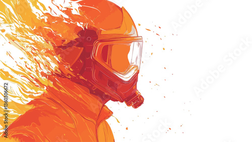 The image is an abstract illustration of a firefighter's head and shoulders. The style is painterly, with orange and red hues dominating.  The figure is depicted in profile, with a helmet and mask