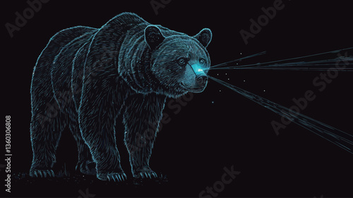 Digital illustration of a bear rendered in shades of blue and black, appearing translucent or luminescent.  The bear is depicted in a dark environment, with glowing cyan light emanating from its