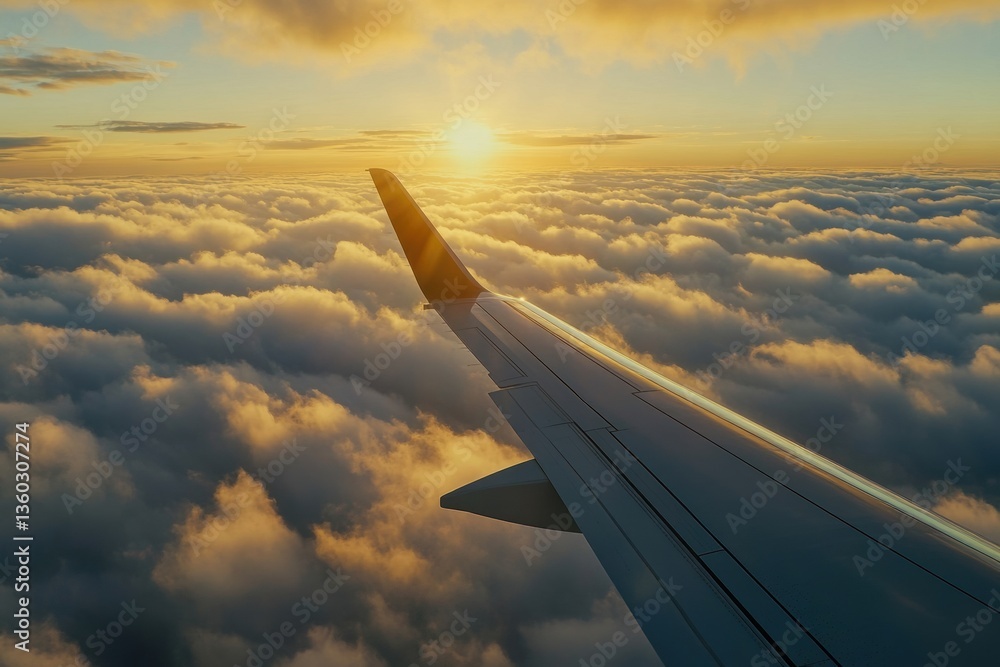 Obraz premium View from the airplane window at clouds flooded with sunlight. Part of the wing of the liner is in the frame. The atmosphere of flight, freedom and new opportunities.