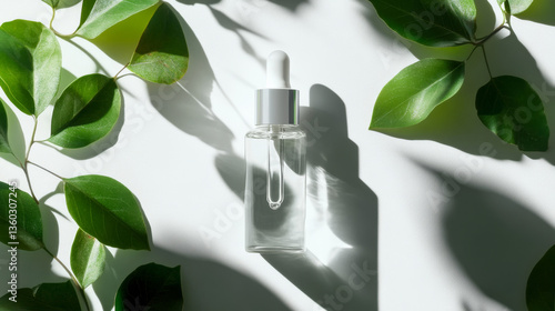 A transparent glass dropper bottle with a white cap, surrounded by soft natural shadows and green leaves, ideal for skincare, essential oils, or eco-friendly beauty products