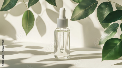 A transparent glass dropper bottle with a white cap, surrounded by soft natural shadows and green leaves, ideal for skincare, essential oils, or eco-friendly beauty products