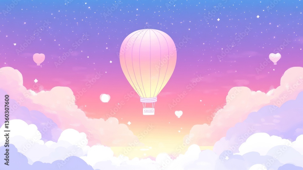 Obraz premium Pastel hot air balloon floats above fluffy clouds at sunset under a starry sky.