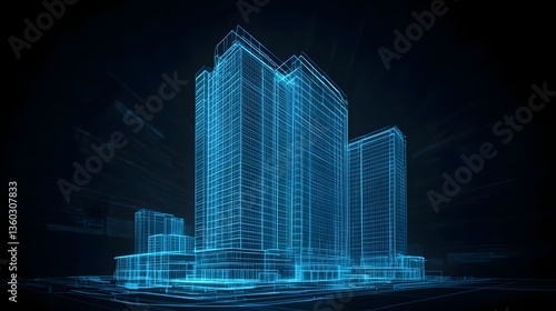 Futuristic skyscraper with glowing blue wireframe design
