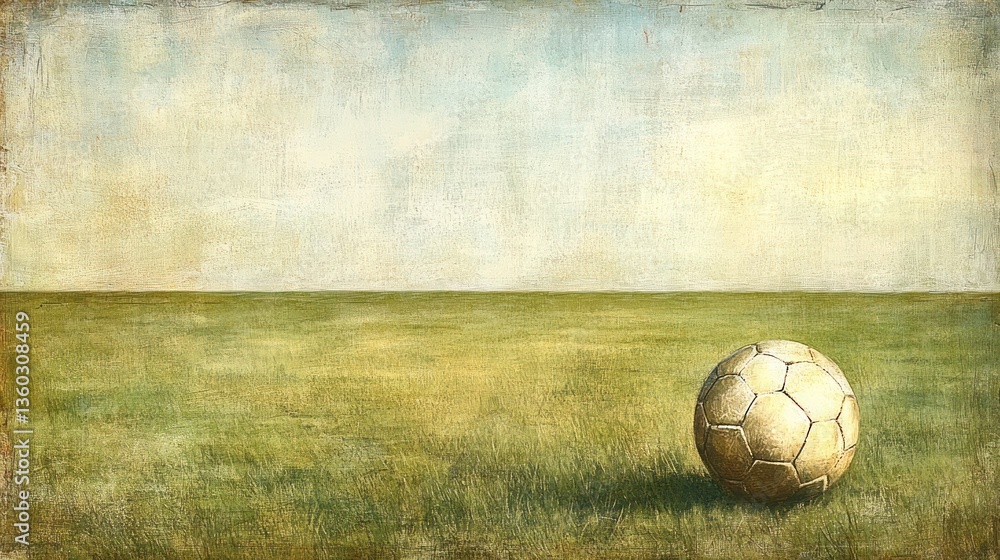 Fototapeta premium Vintage soccer ball on a grassy field under a pale sky.