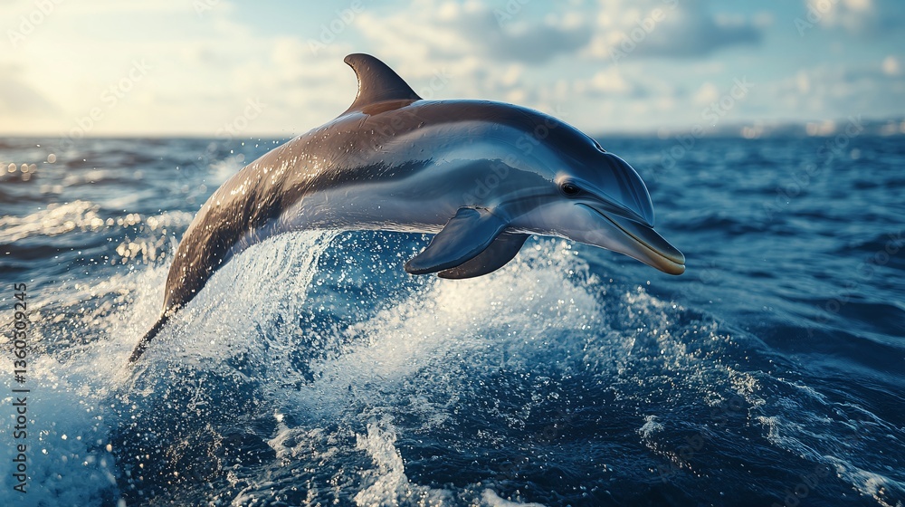 Fototapeta premium Two dolphins jumping out of the ocean waves, captured mid-air in a dynamic wildlife scene.
