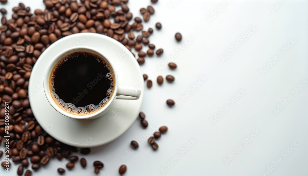 Fototapeta premium Morning espresso break. Hot black coffee in white mug, on saucer surrounded by roasted coffee beans. Wake up enjoy aromatic delightful beverage. Cozy morning ritual. Brewed caffeine drink, minimalism.