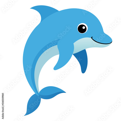 a cheerful cartoon dolphin jumping through the water, perfect for educational resources or playful designs. The dolphin has bright blue skin and a friendly expression, swimming
