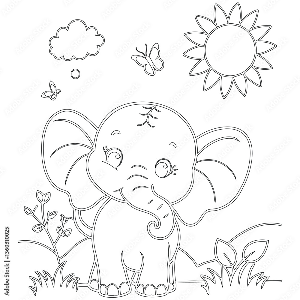 Obraz premium hand drawing elephant black outline vector, cute baby elephant coloring page for kids