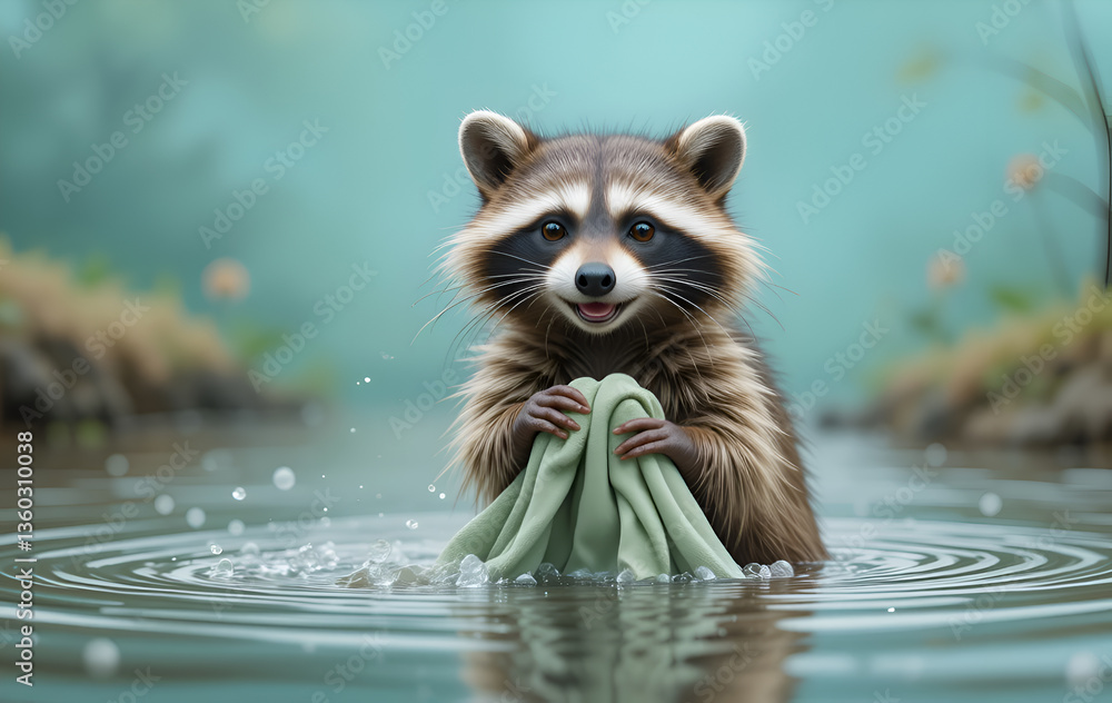 cuetest racoon washing cloth in lake. Digital artwork. Ai generated
