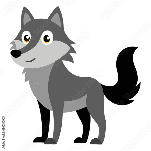 a cartoon wolf, standing and looking at the camera with a smile on his face. The wolf has gray fur, black tail and is set against a simple backdrop