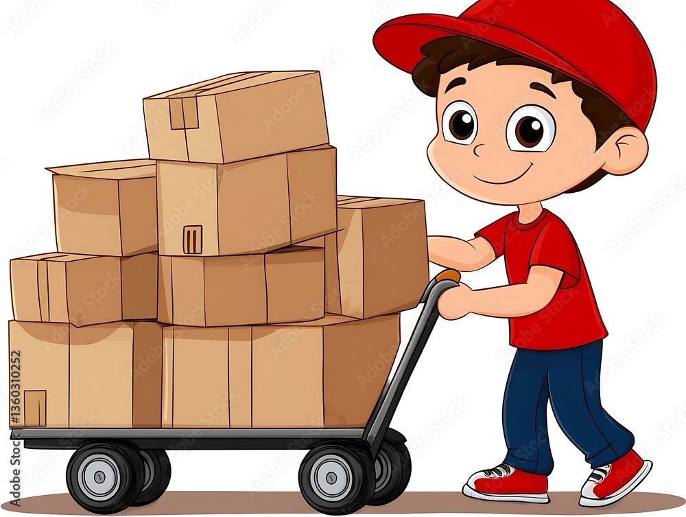 A cartoon character delivering boxes on a hand truck happily A cartoon character delivering boxes on a hand truck happily