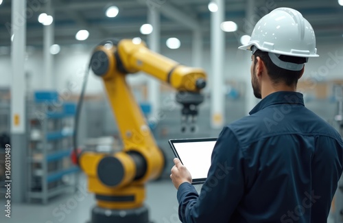 Back view of engineer in white helmet, working with robotic arm in modern factory. Man uses tablet for programming. Automation, digital tech, ai, robotics, manufacturing, industry 4. 0.