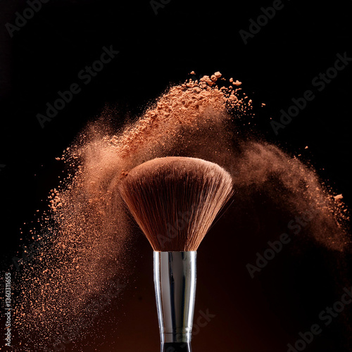 makeup brush with brown powder on a black background
