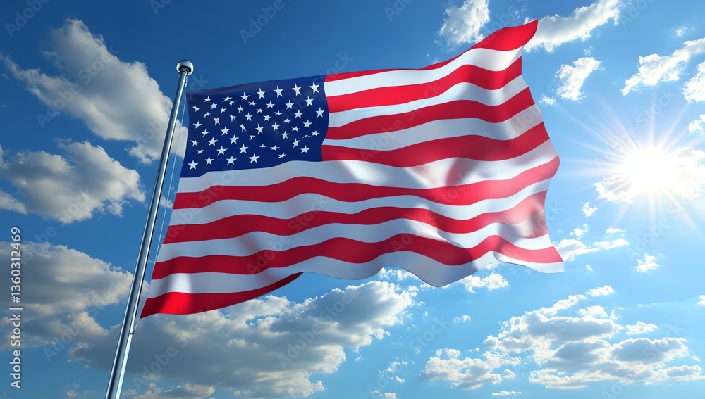 Obraz premium American Flag Waving Against Bright Sky and Clouds Symbol of Freedom